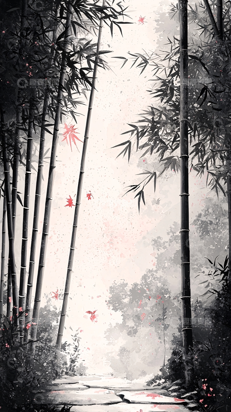 高清大图下载【趣麦麦图】水墨画竹林小径
