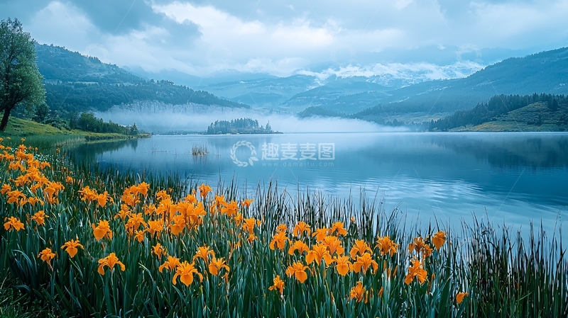 雾气弥漫的湖边风景