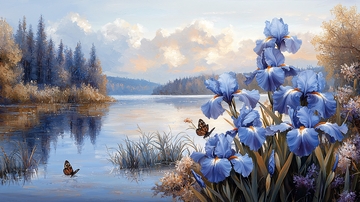湖边鸢尾花风景画
