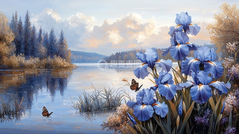 湖边鸢尾花风景画