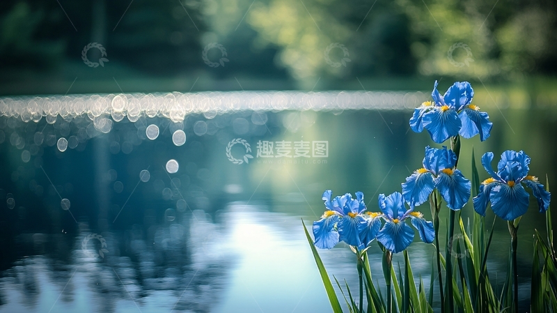 蓝花鸢尾湖边景色