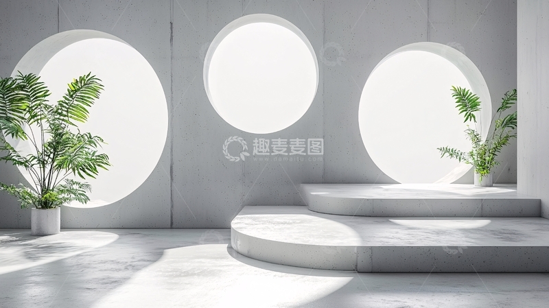 高清大图下载【趣麦麦图】极简风格室内圆形窗口展示台
