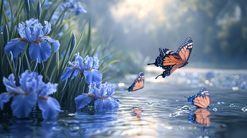 蓝鸢尾花蝴蝶溪流