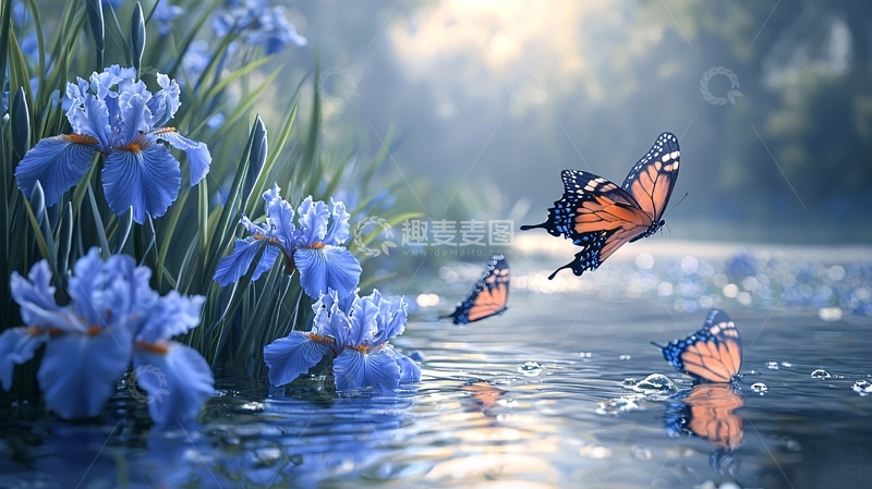 蓝鸢尾花蝴蝶溪流