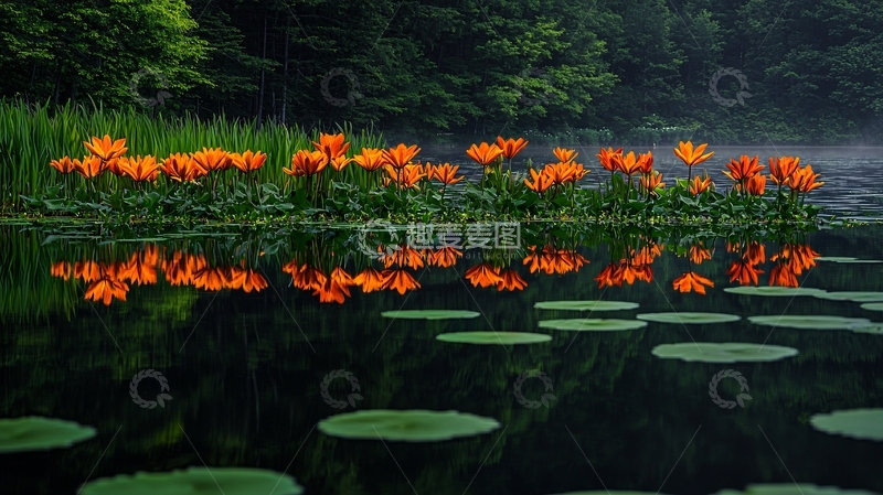 高清大图下载【趣麦麦图】静谧湖泊里绽放的橙色花朵
