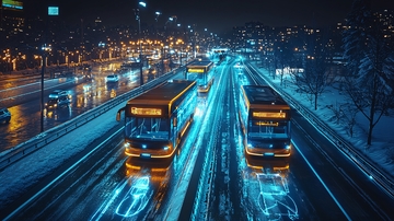 夜晚城市公交车雪景