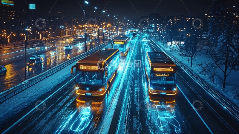 高清大图下载【趣麦麦图】夜晚城市公交车雪景
