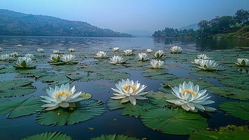 湖面盛开的白色睡莲