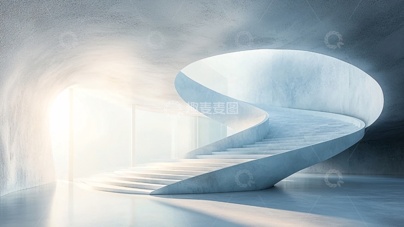 高清大图下载【趣麦麦图】光影朦胧的蓝色混凝土螺旋楼梯