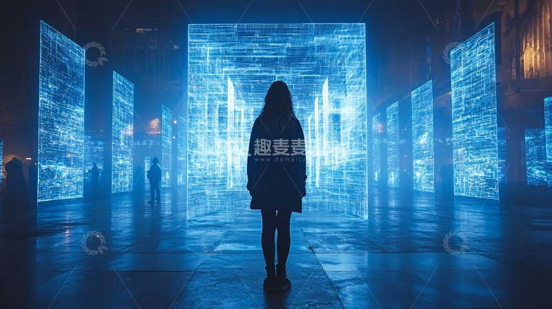 高清大图下载【趣麦麦图】夜色中女孩伫立蓝色光幕前