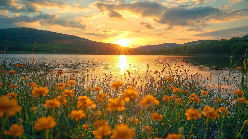 高清大图下载【趣麦麦图】日落湖边野花盛开