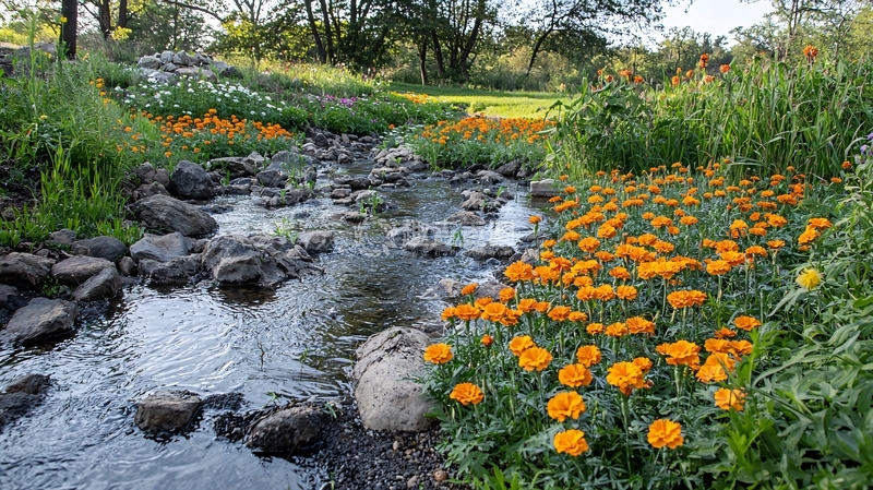 高清大图下载【趣麦麦图】溪流边盛开的金盏花