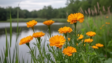 金盏花田园湖边景色