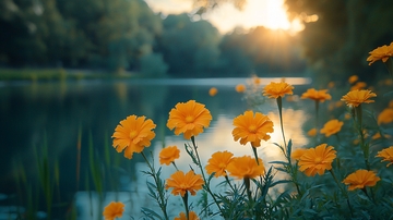 夕阳下湖边盛开的橙色花朵