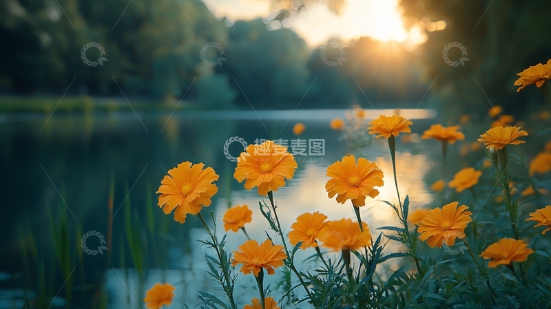 高清大图下载【趣麦麦图】夕阳下湖边盛开的橙色花朵
