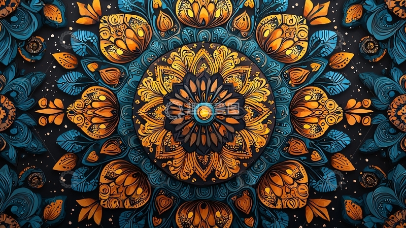 高清大图下载【趣麦麦图】精美蓝色金色花卉曼陀罗