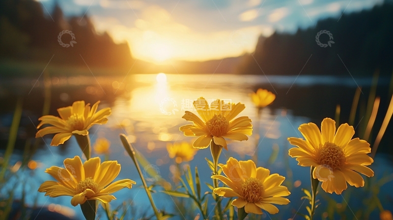 高清大图下载【趣麦麦图】黄昏湖边盛开的野花