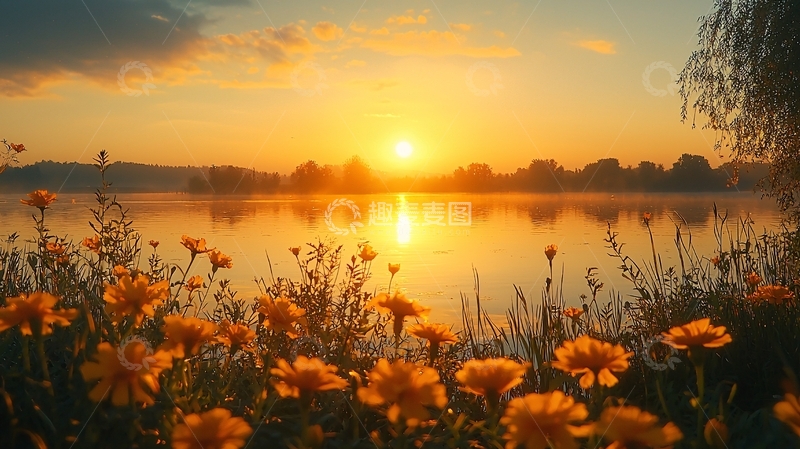 高清大图下载【趣麦麦图】清晨湖边日出花海