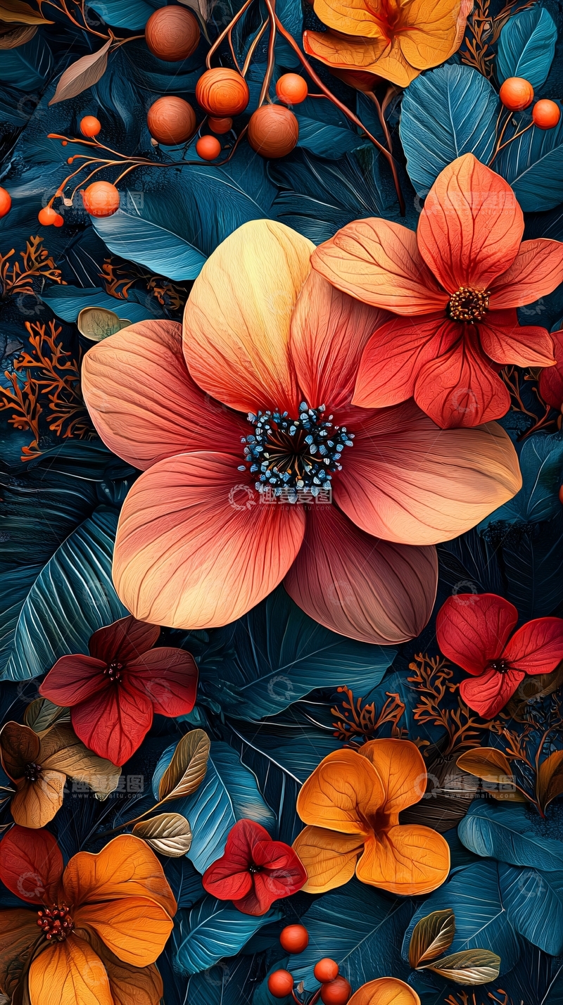 高清大图下载【趣麦麦图】深色背景下橙色花朵
