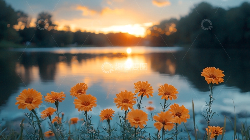 高清大图下载【趣麦麦图】日落湖边橙色花朵