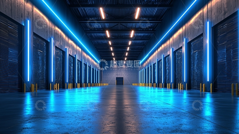 高清大图下载【趣麦麦图】蓝光照射下的现代化仓库走廊