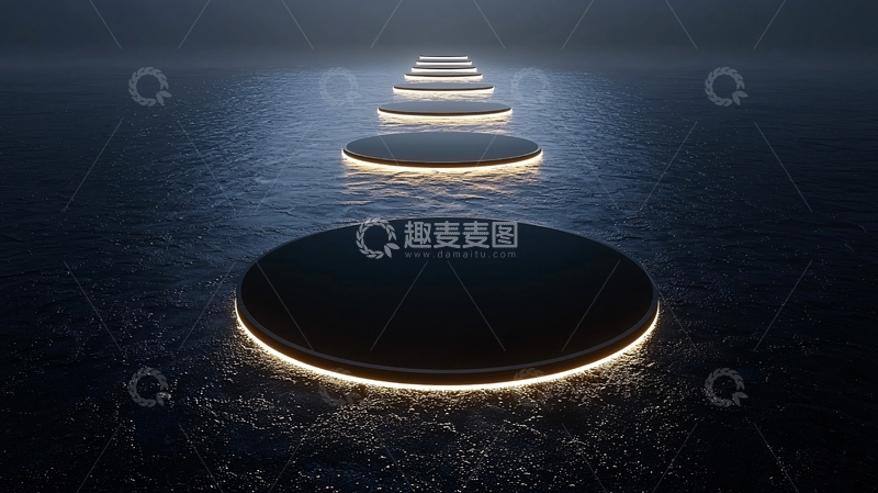 高清大图下载【趣麦麦图】黑暗背景下发光圆形台阶