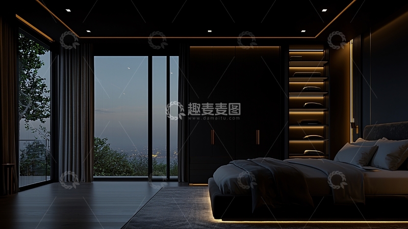高清大图下载【趣麦麦图】极简现代黑色卧室夜景