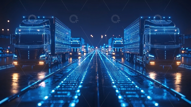 高清大图下载【趣麦麦图】夜晚高速公路卡车车队