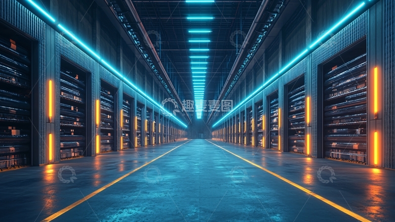 高清大图下载【趣麦麦图】蓝色灯光下的服务器机房