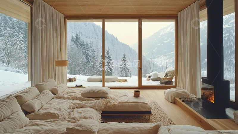 高清大图下载【趣麦麦图】极简风雪景落地窗客厅