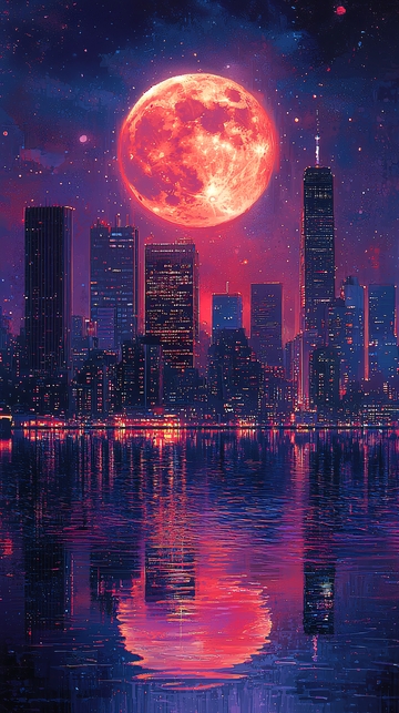 血月之夜城市夜景