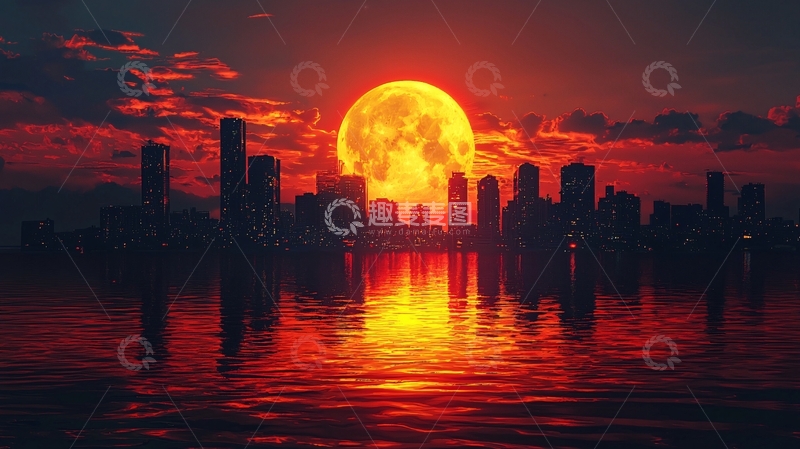高清大图下载【趣麦麦图】血红色的月亮照耀着城市