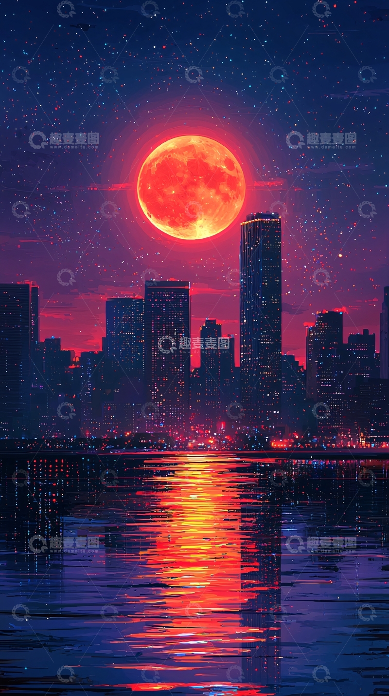 高清大图下载【趣麦麦图】红月下的城市夜景