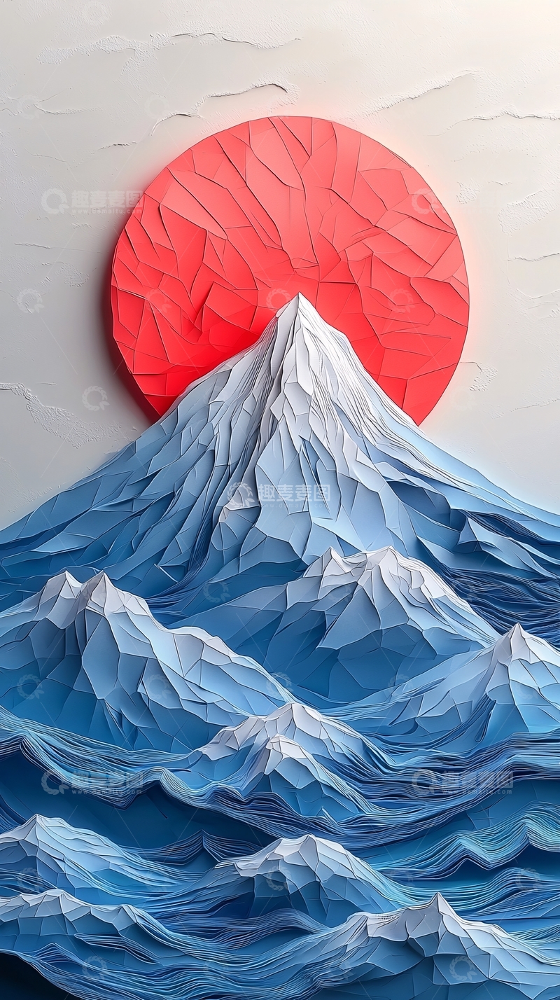 高清大图下载【趣麦麦图】低多边形富士山日出