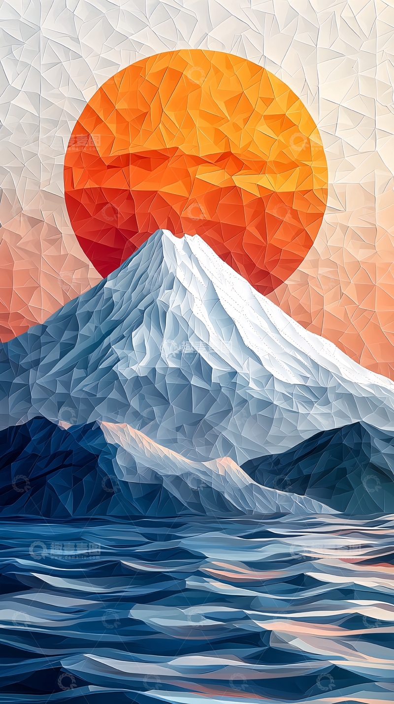 高清大图下载【趣麦麦图】富士山日出低多边形