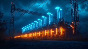 夜晚蓝色橙色电力变电站