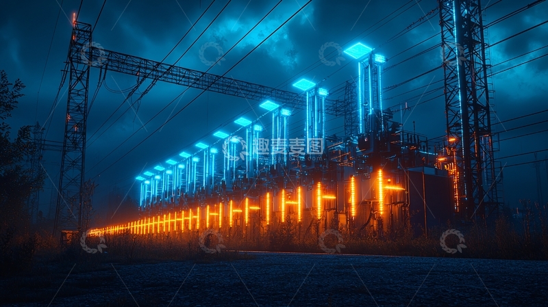 高清大图下载【趣麦麦图】夜晚蓝色橙色电力变电站