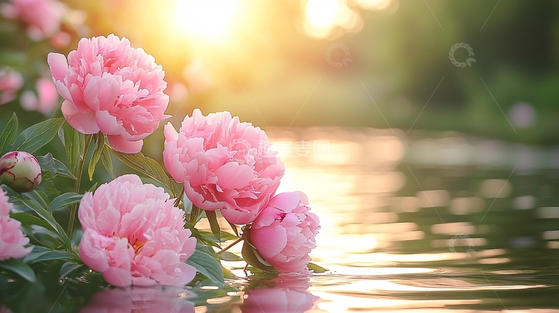 高清大图下载【趣麦麦图】粉红色牡丹花水面日落
