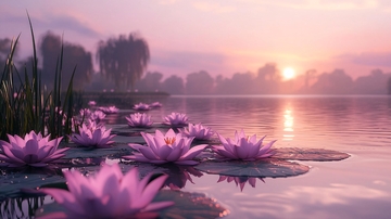 日落时分平静湖面上的睡莲