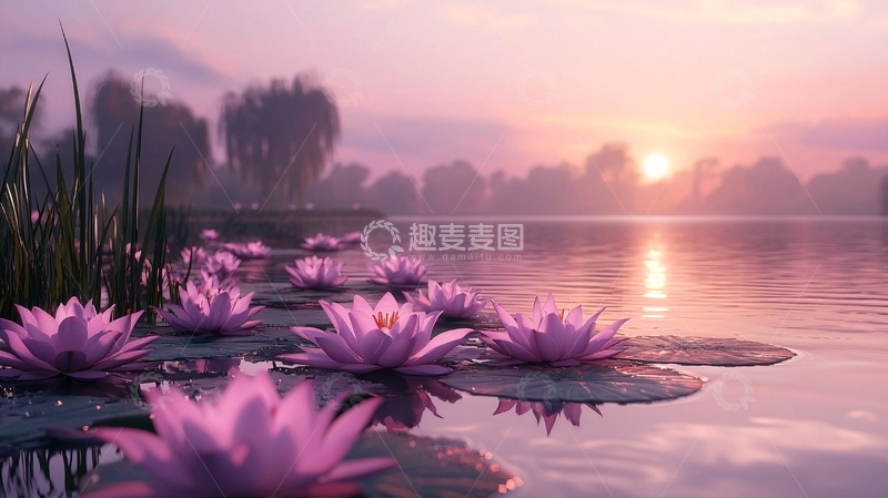 高清大图下载【趣麦麦图】日落时分平静湖面上的睡莲