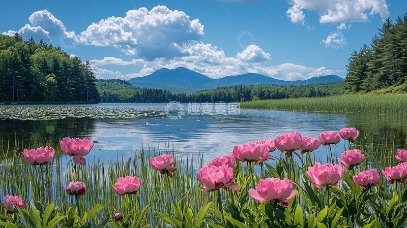高清大图下载【趣麦麦图】湖边盛开的粉色牡丹
