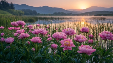 日出湖边盛开的牡丹花