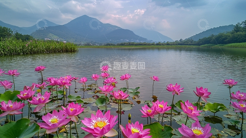 高清大图下载【趣麦麦图】山峦湖泊盛开粉色莲花