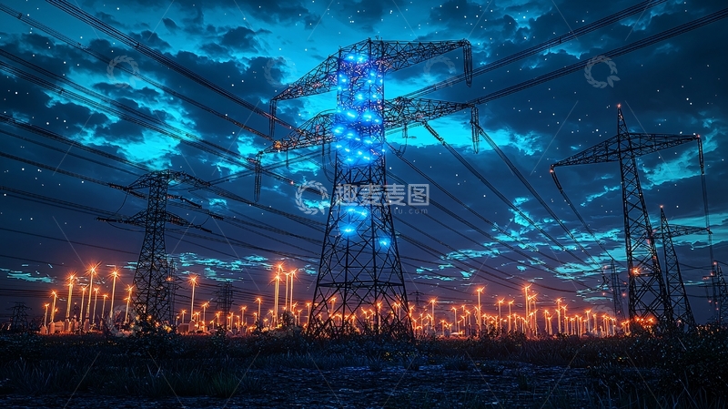 高清大图下载【趣麦麦图】夜晚高压电塔