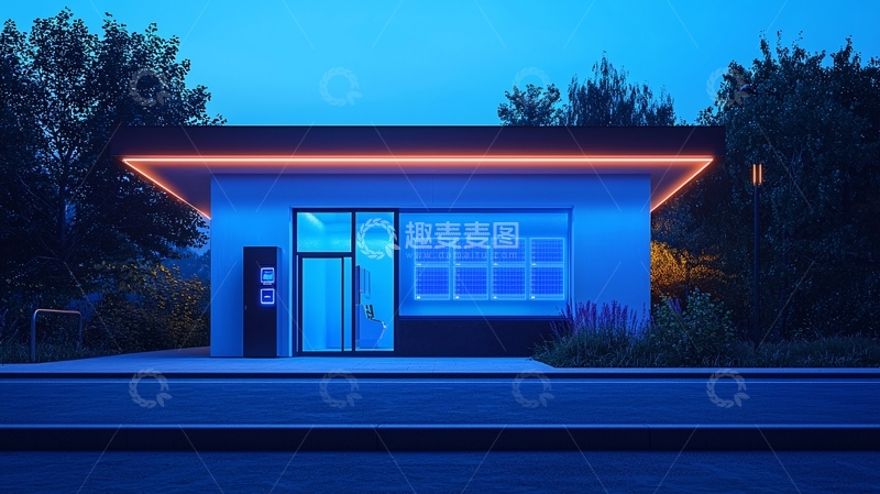 高清大图下载【趣麦麦图】夜晚蓝色灯光下的现代建筑
