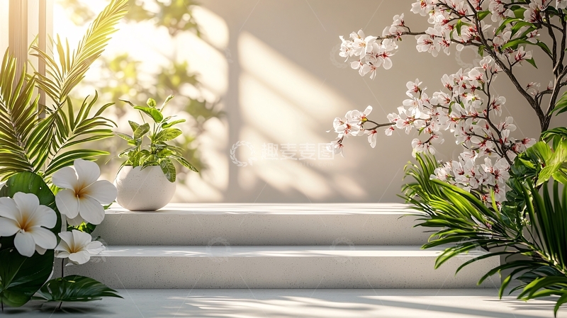 高清大图下载【趣麦麦图】阳光透过绿叶洒在台阶上