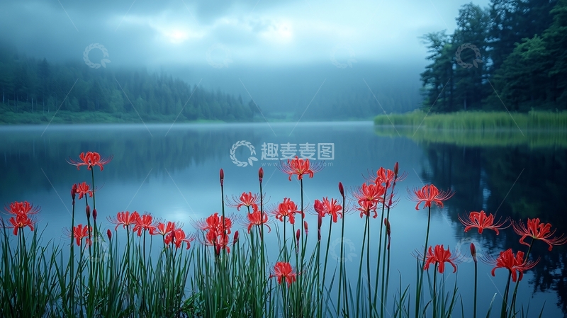 高清大图下载【趣麦麦图】清晨湖边红花