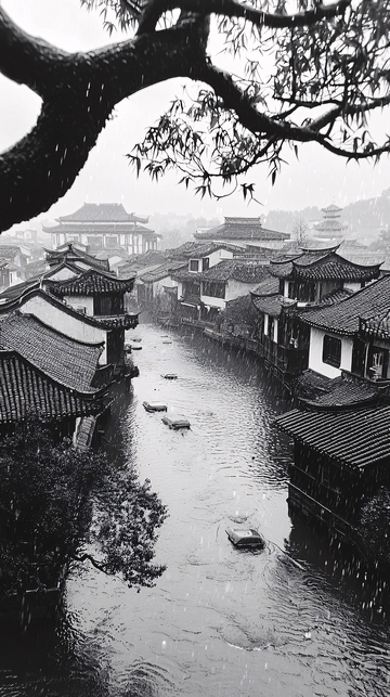 水墨画风格古镇
