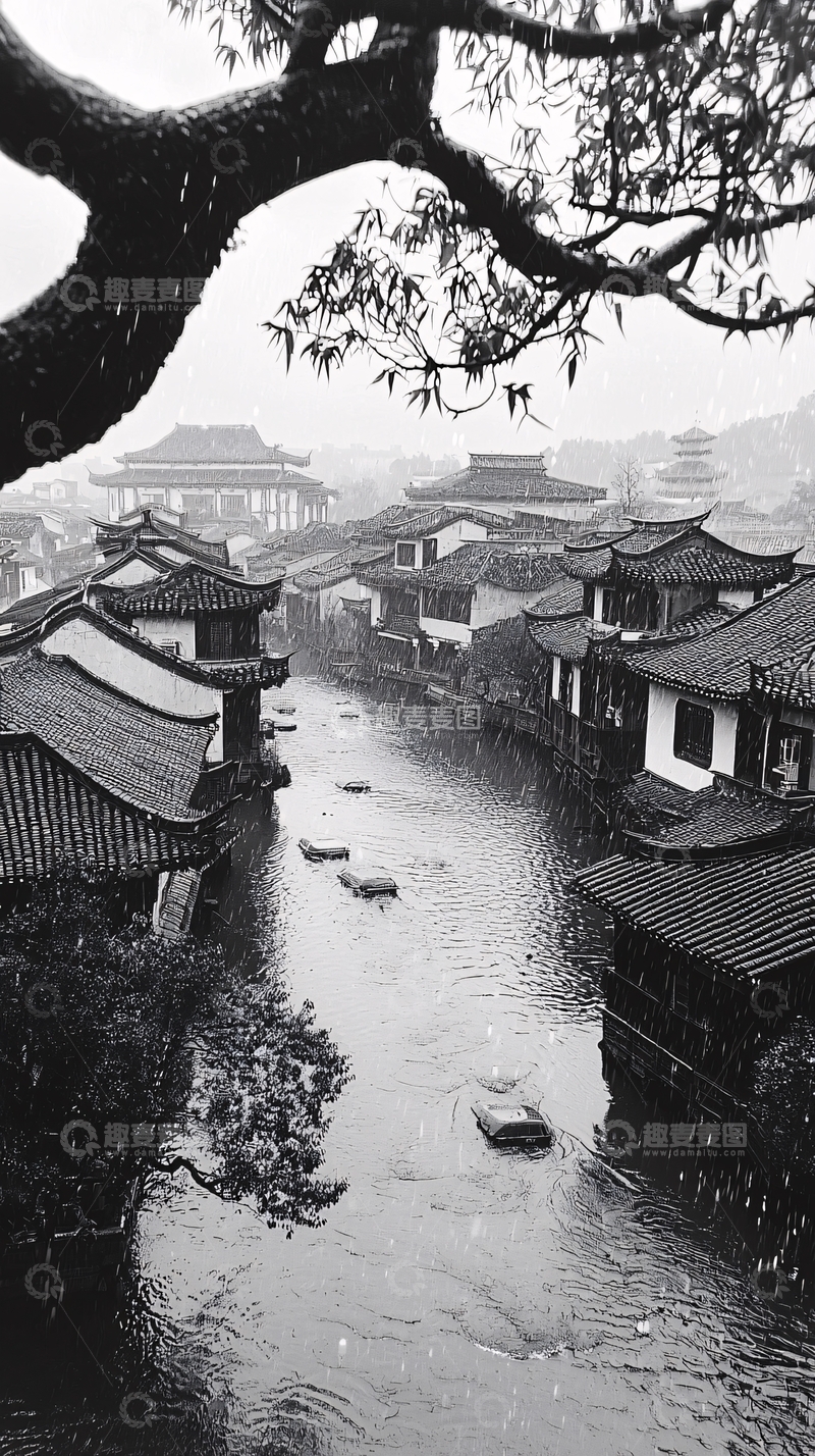 高清大图下载【趣麦麦图】水墨画风格古镇