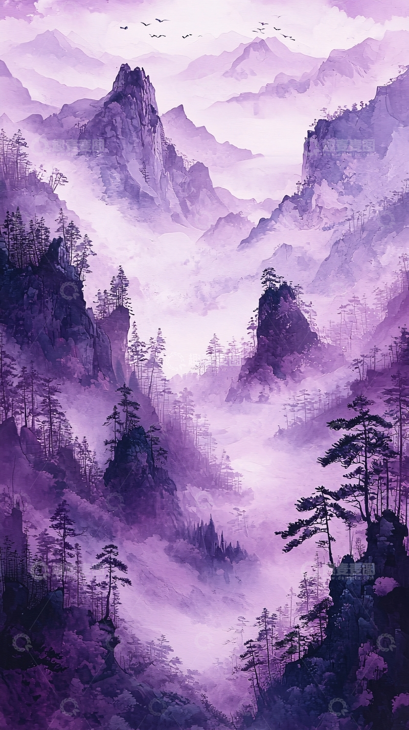 高清大图下载【趣麦麦图】紫色山脉雾气缭绕